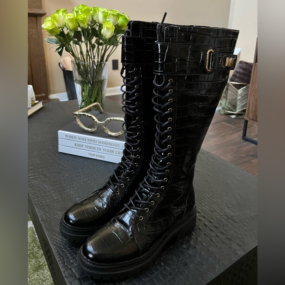 Michael Kors Stark Crocodile Embossed Leather Combat Boot